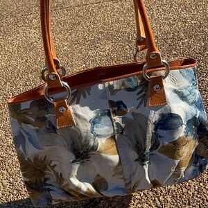 Floral Leather Tote Bag - Brown and Blue